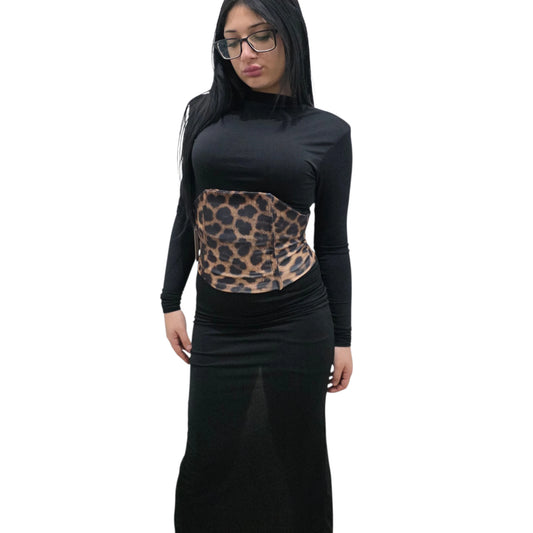 Abito Lungo con Top in Stile Animalier Nero e Leopardato per Donna Elegante e Moderno