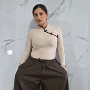 Body Stile Giapponese Taglia Unica con Dettagli in Rosso e Maniche Lunghe per un Look Distintivo e Sofisticato