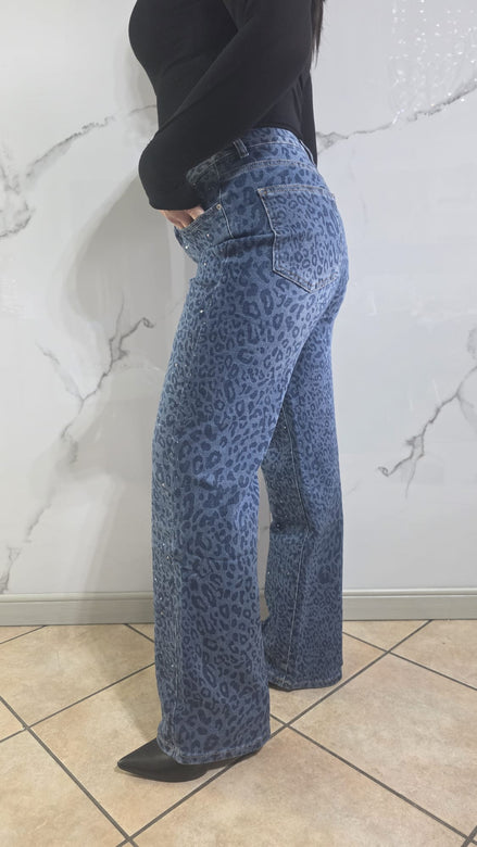 Jeans Leopard Glitterato con Design Fashionabile e Dettagli Glitterati per un Look Elegante e Moderno