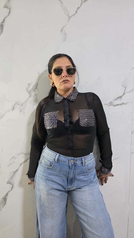 Body Elegante con Dettagli in Strass e Collo Classico