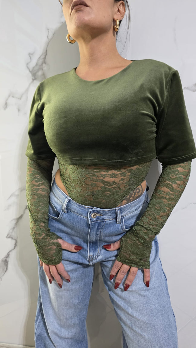 Body Verde Scuro con Maniche Lunghe e Dettagli in Pizzo per Donna Stile Elegante e Moderno