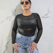 Body Nera con Maniche Lunghe e Dettagli Trasparenti per un Look Moderno e Elegante - Abbigliamento Donna Stile Fashion