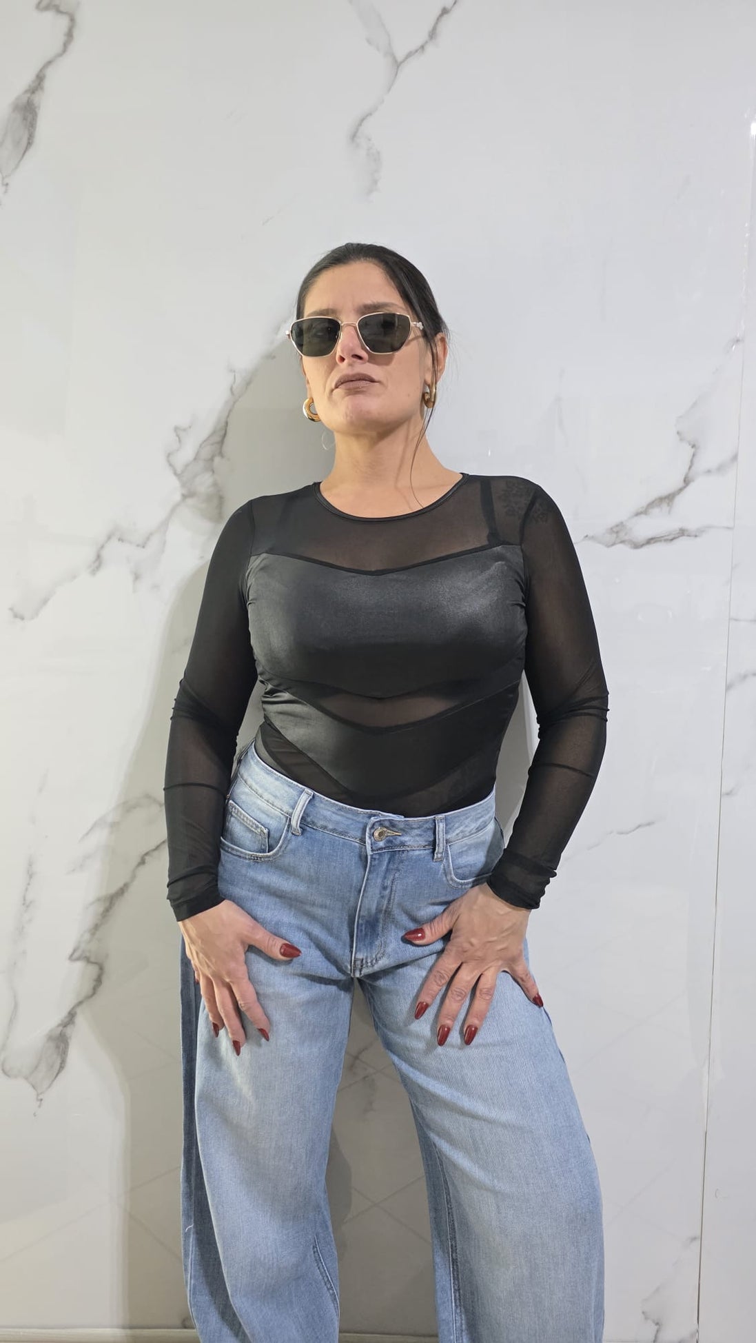 Body Nera con Maniche Lunghe e Dettagli Trasparenti per un Look Moderno e Elegante - Abbigliamento Donna Stile Fashion