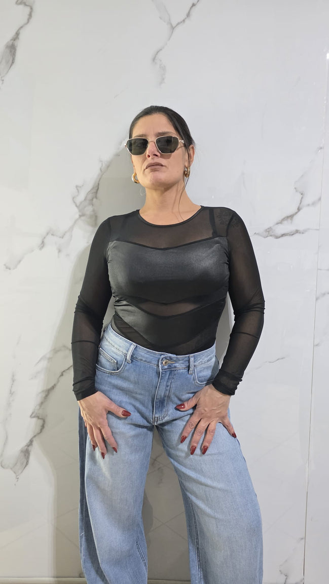 Body Nera con Maniche Lunghe e Dettagli Trasparenti per un Look Moderno e Elegante - Abbigliamento Donna Stile Fashion