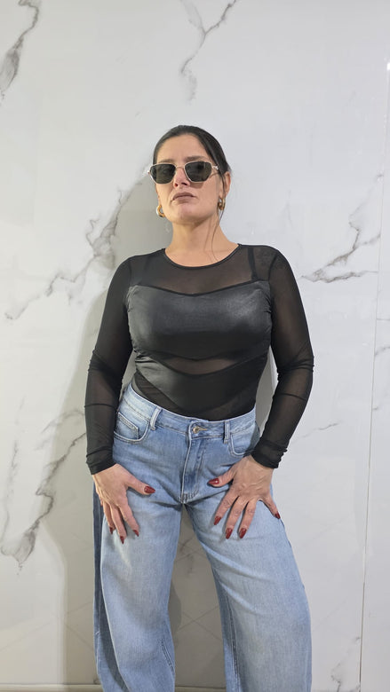 Body Nera con Maniche Lunghe e Dettagli Trasparenti per un Look Moderno e Elegante - Abbigliamento Donna Stile Fashion