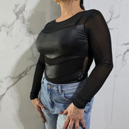 Body Nera con Maniche Lunghe e Dettagli Trasparenti per un Look Moderno e Elegante - Abbigliamento Donna Stile Fashion
