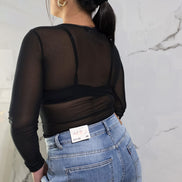 Body Nera con Maniche Lunghe e Dettagli Trasparenti per un Look Moderno e Elegante - Abbigliamento Donna Stile Fashion