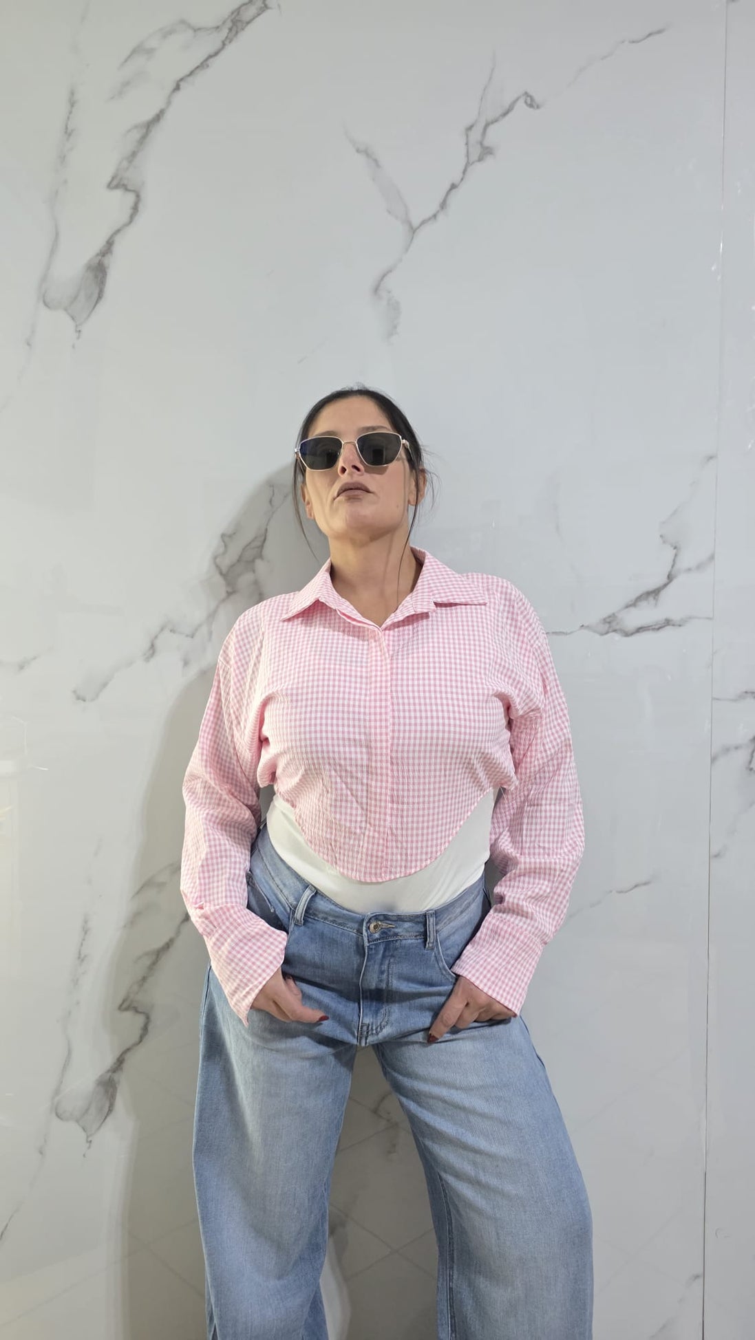 Moccia Body in Vichy con Collo e Maniche Lunghe in Tessuto Checkered per Look Elegante e Versatile Ideale per Ogni Occasione