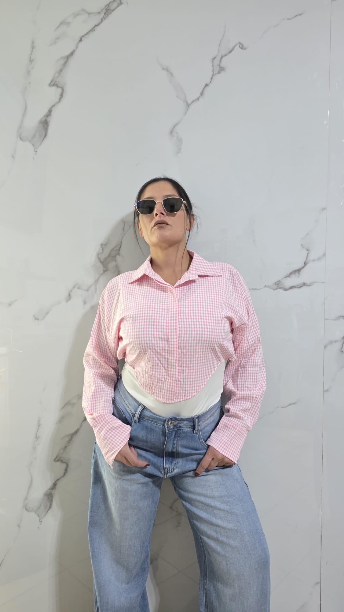 Moccia Body in Vichy con Collo e Maniche Lunghe in Tessuto Checkered per Look Elegante e Versatile Ideale per Ogni Occasione