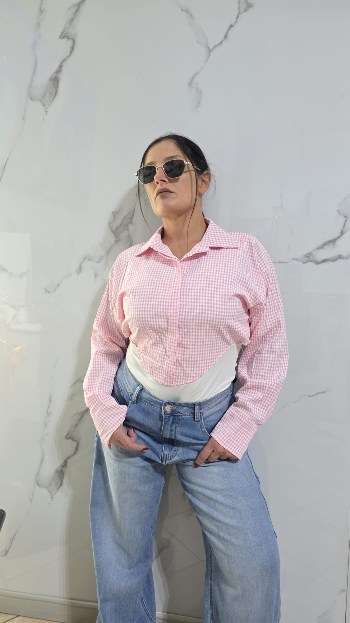 Moccia Body in Vichy con Collo e Maniche Lunghe in Tessuto Checkered per Look Elegante e Versatile Ideale per Ogni Occasione