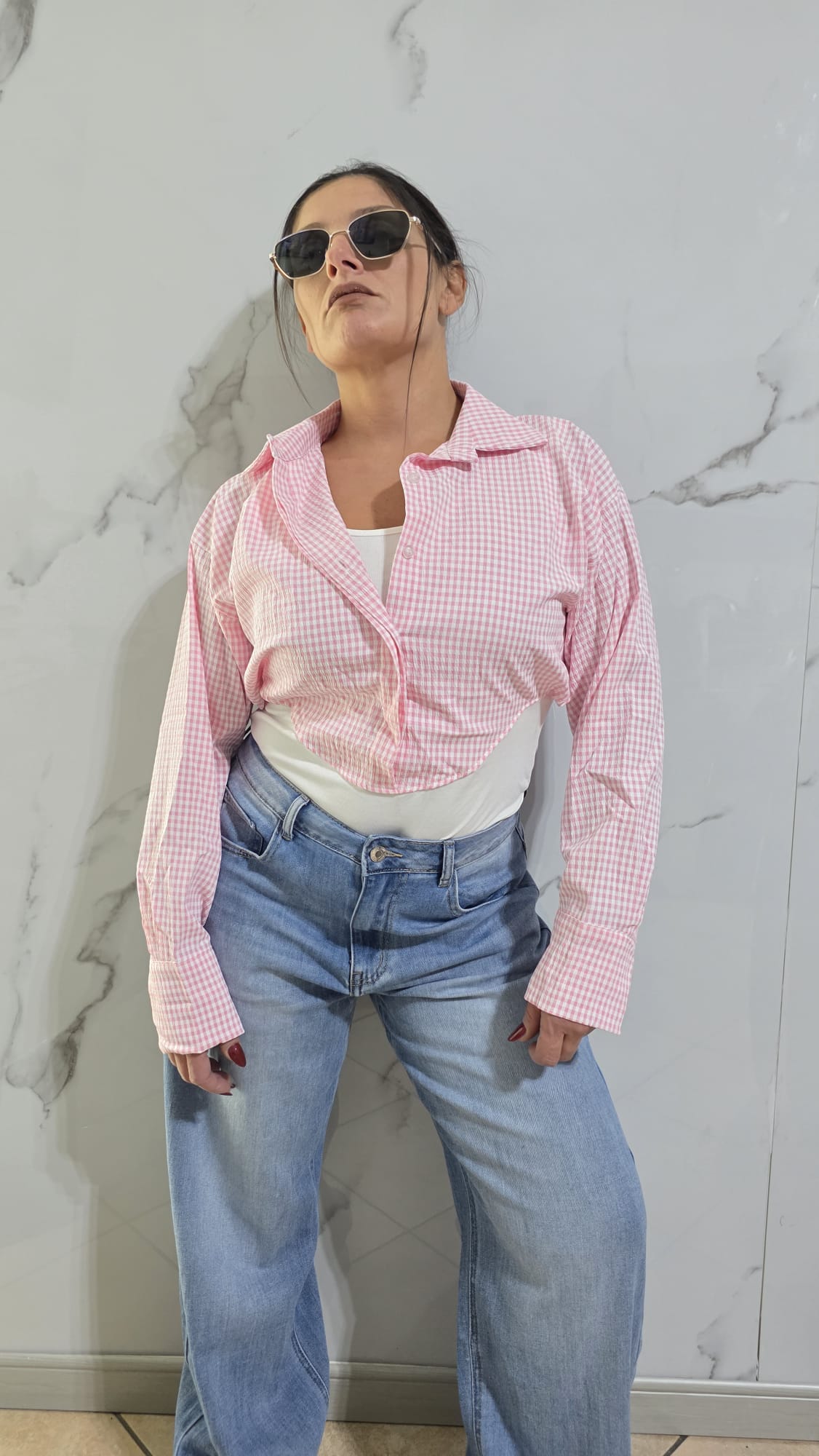 Moccia Body in Vichy con Collo e Maniche Lunghe in Tessuto Checkered per Look Elegante e Versatile Ideale per Ogni Occasione