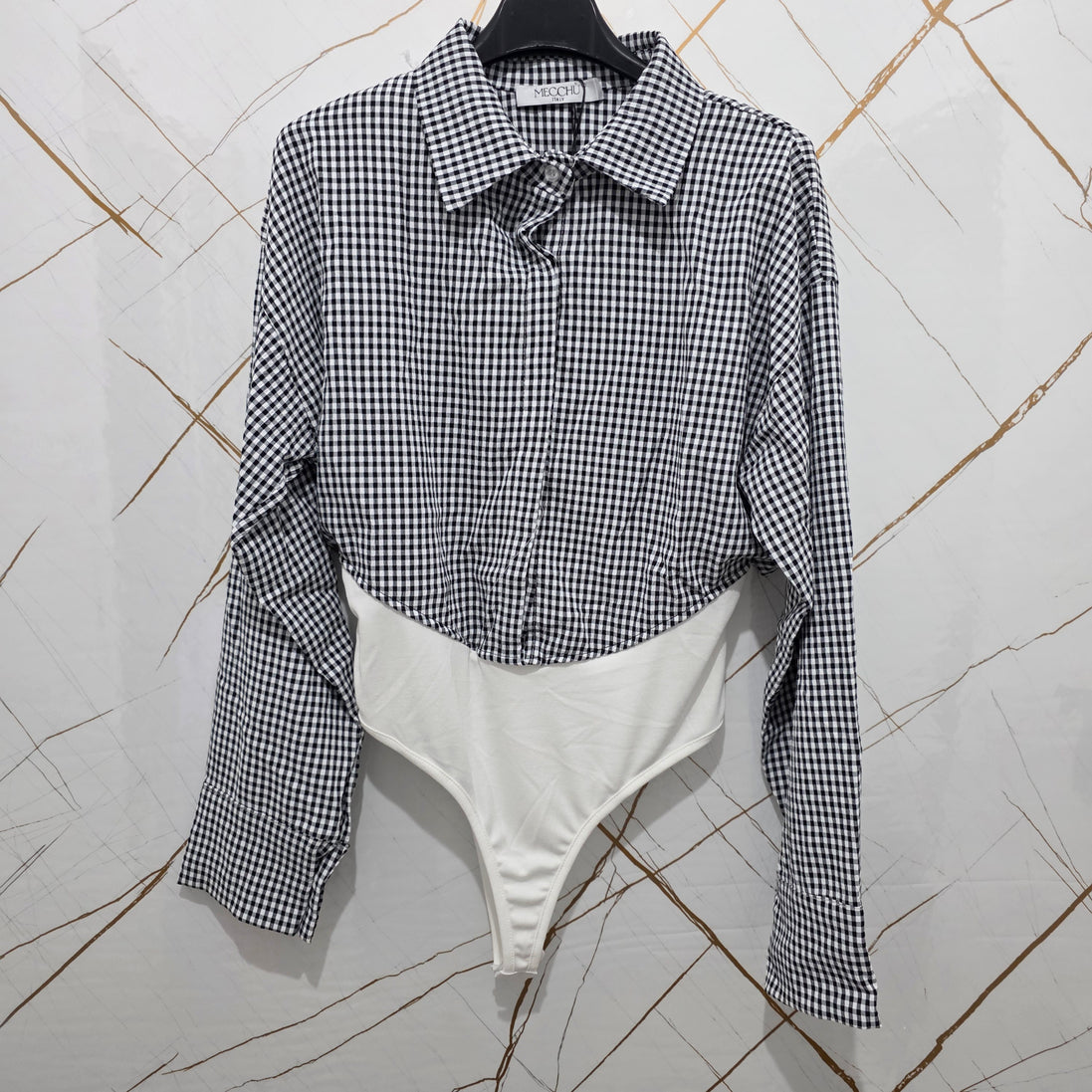 Moccia Body in Vichy con Collo e Maniche Lunghe in Tessuto Checkered per Look Elegante e Versatile Ideale per Ogni Occasione