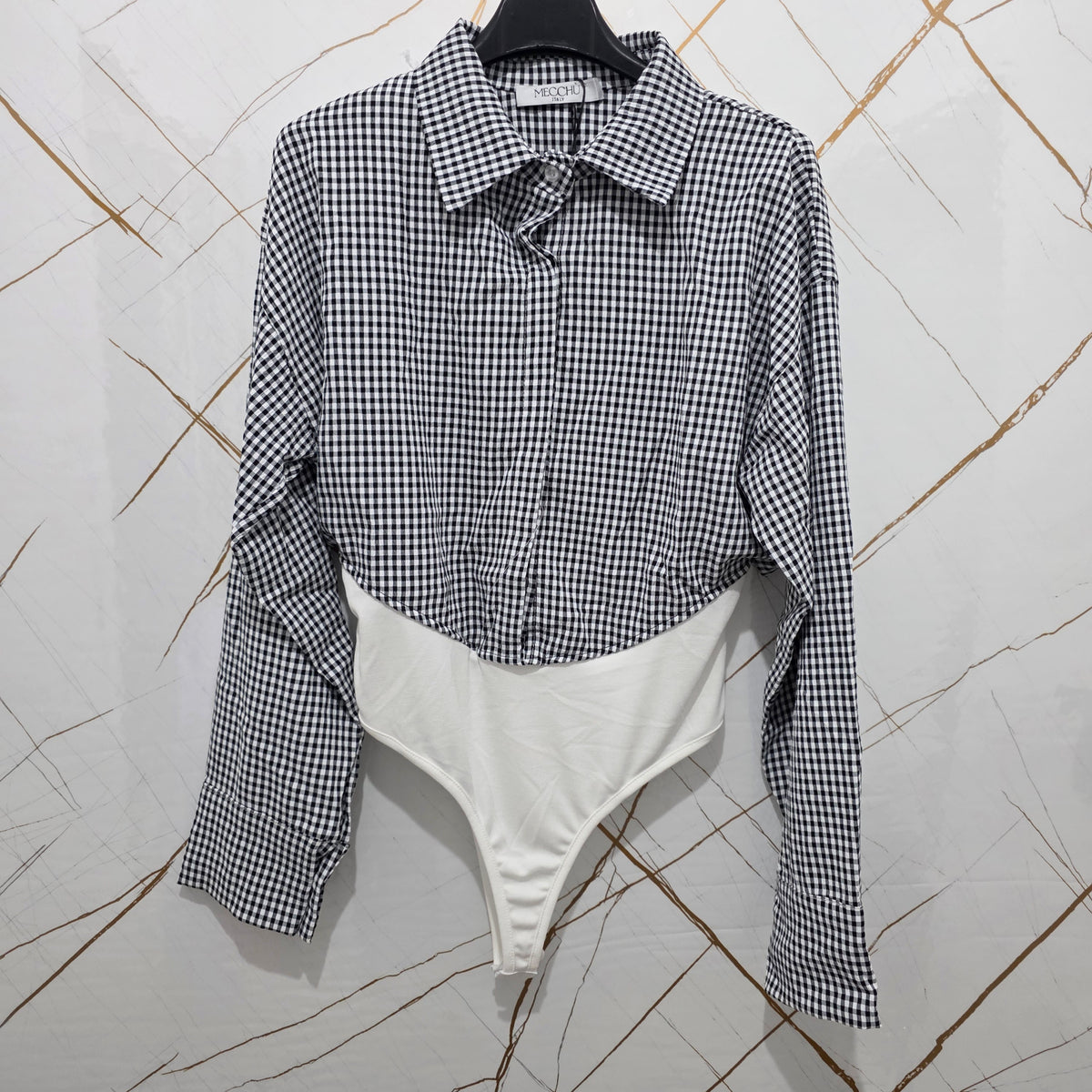 Moccia Body in Vichy con Collo e Maniche Lunghe in Tessuto Checkered per Look Elegante e Versatile Ideale per Ogni Occasione