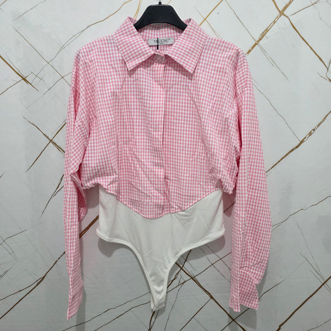 Moccia Body in Vichy con Collo e Maniche Lunghe in Tessuto Checkered per Look Elegante e Versatile Ideale per Ogni Occasione