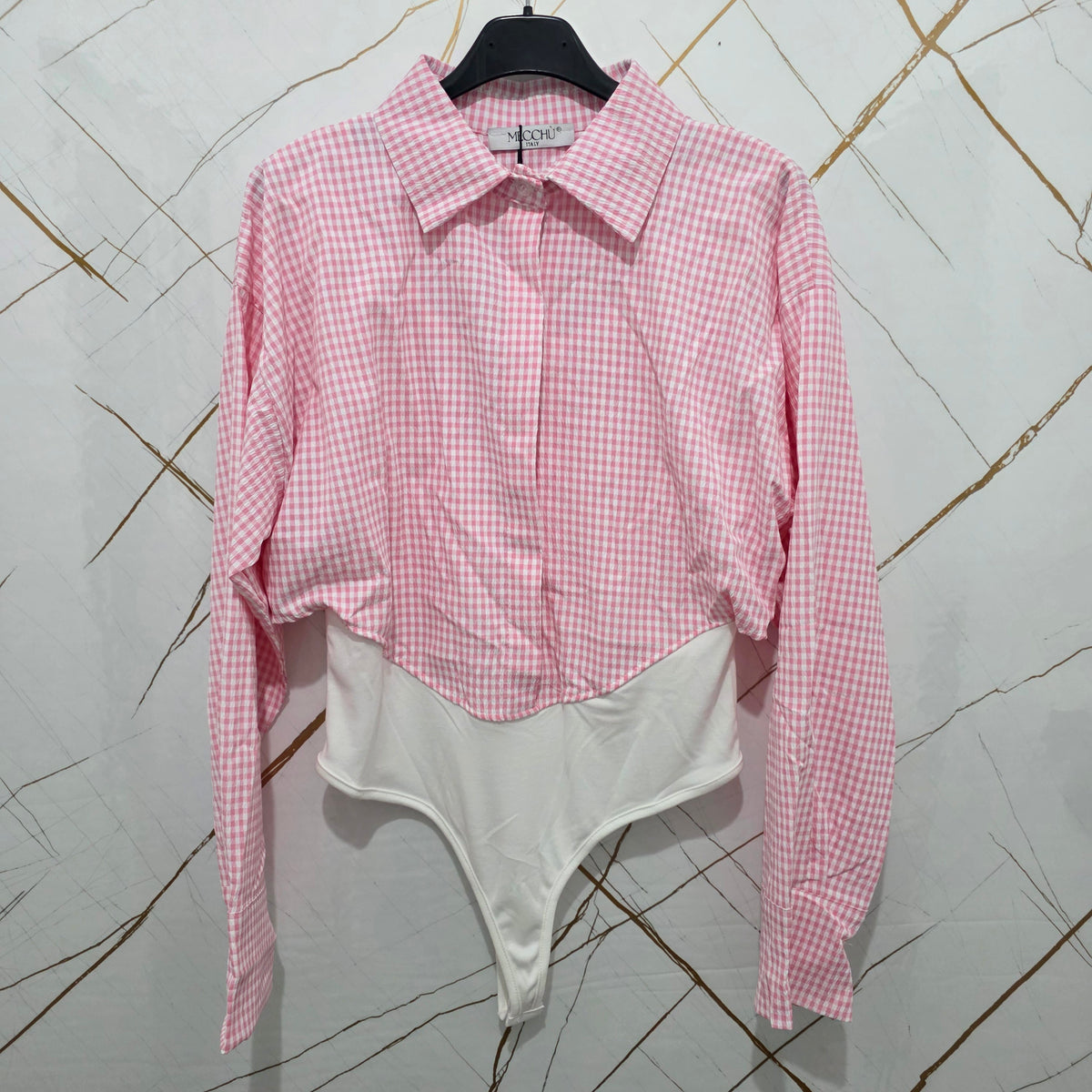 Moccia Body in Vichy con Collo e Maniche Lunghe in Tessuto Checkered per Look Elegante e Versatile Ideale per Ogni Occasione