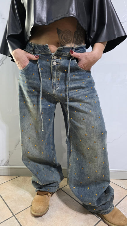 Jeans Donna con Paillettes Dorate e Tasche Laterali Stile Casual Taglia 40 Blu Scuro Modello A Gamba Larga Comfort Versatilità