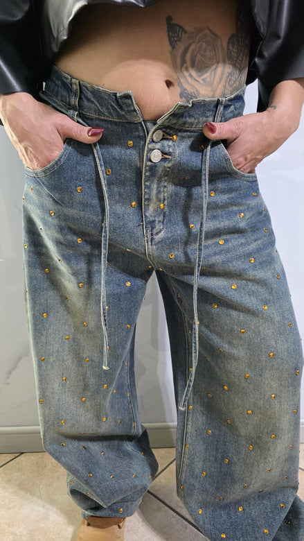 Jeans Donna con Paillettes Dorate e Tasche Laterali Stile Casual Taglia 40 Blu Scuro Modello A Gamba Larga Comfort Versatilità