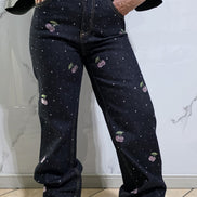Jeans Ciliegie con Stampa a Stelle per Donna - Pantaloni a Gamba Larga in Denim Nero con Dettagli Bianchi
