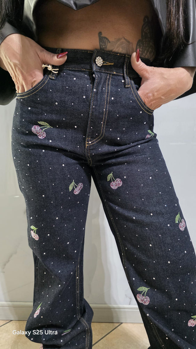 Jeans Ciliegie con Stampa a Stelle per Donna - Pantaloni a Gamba Larga in Denim Nero con Dettagli Bianchi