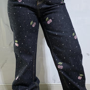 Jeans Ciliegie con Stampa a Stelle per Donna - Pantaloni a Gamba Larga in Denim Nero con Dettagli Bianchi