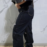 Jeans Ciliegie con Stampa a Stelle per Donna - Pantaloni a Gamba Larga in Denim Nero con Dettagli Bianchi