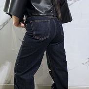 Jeans Ciliegie con Stampa a Stelle per Donna - Pantaloni a Gamba Larga in Denim Nero con Dettagli Bianchi