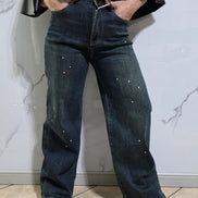 Denim Stardust Jeans a Gamba Larga in Denim Scuro con Dettagli Scintillanti per un Look Audace e Stiloso Comfort e Stile