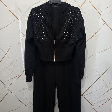 Tuta Completa Sportiva Donna Nero con Dettagli Brillanti e Zip Centrale per un Look Moderno e Funzionale