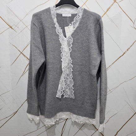 Cardigan Nero con Dettagli in Pizzo Bianco per Donna Elegante e Comfortabile
