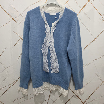 Cardigan Nero con Dettagli in Pizzo Bianco per Donna Elegante e Comfortabile