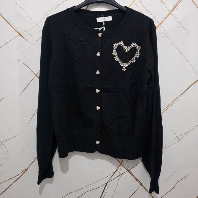 Cardigan Verde con Dettagli a Cuore e Strass per Look Elegante e Comfortabile