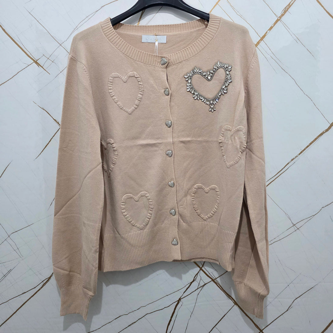 Cardigan Verde con Dettagli a Cuore e Strass per Look Elegante e Comfortabile