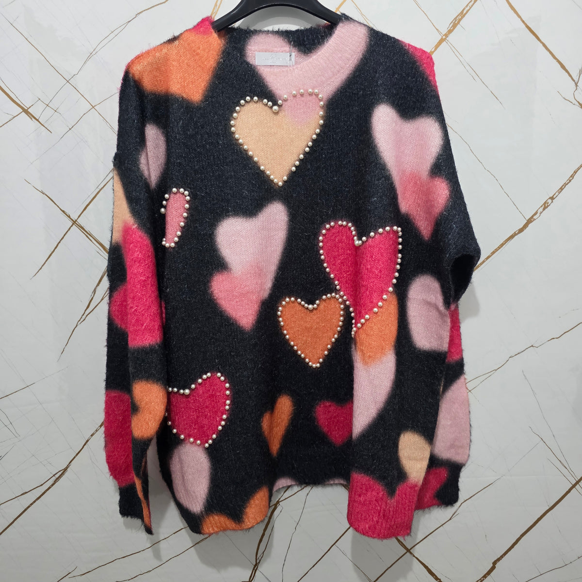 Maglione Donna con Cuori Colorati in Rosa e Arancione Stile Casual e Comodo per Ogni Giorno