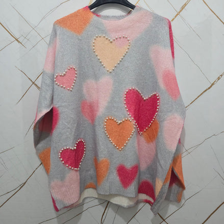 Maglione Donna con Cuori Colorati in Rosa e Arancione Stile Casual e Comodo per Ogni Giorno
