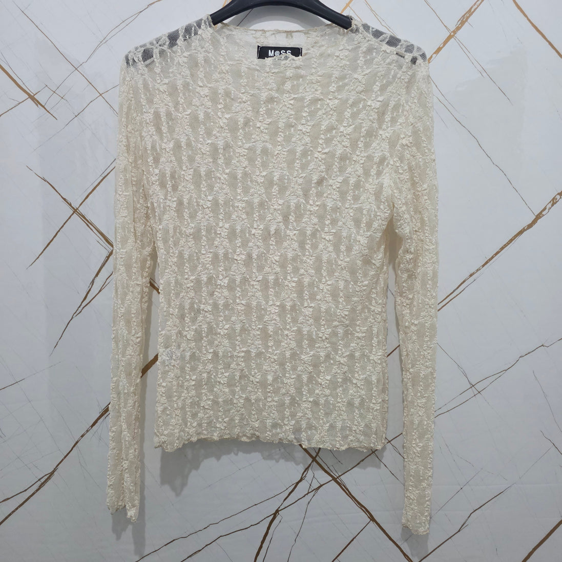 Maglia in Pizzo Blu Scuro con Maniche Lunghe per Donna Elegante
