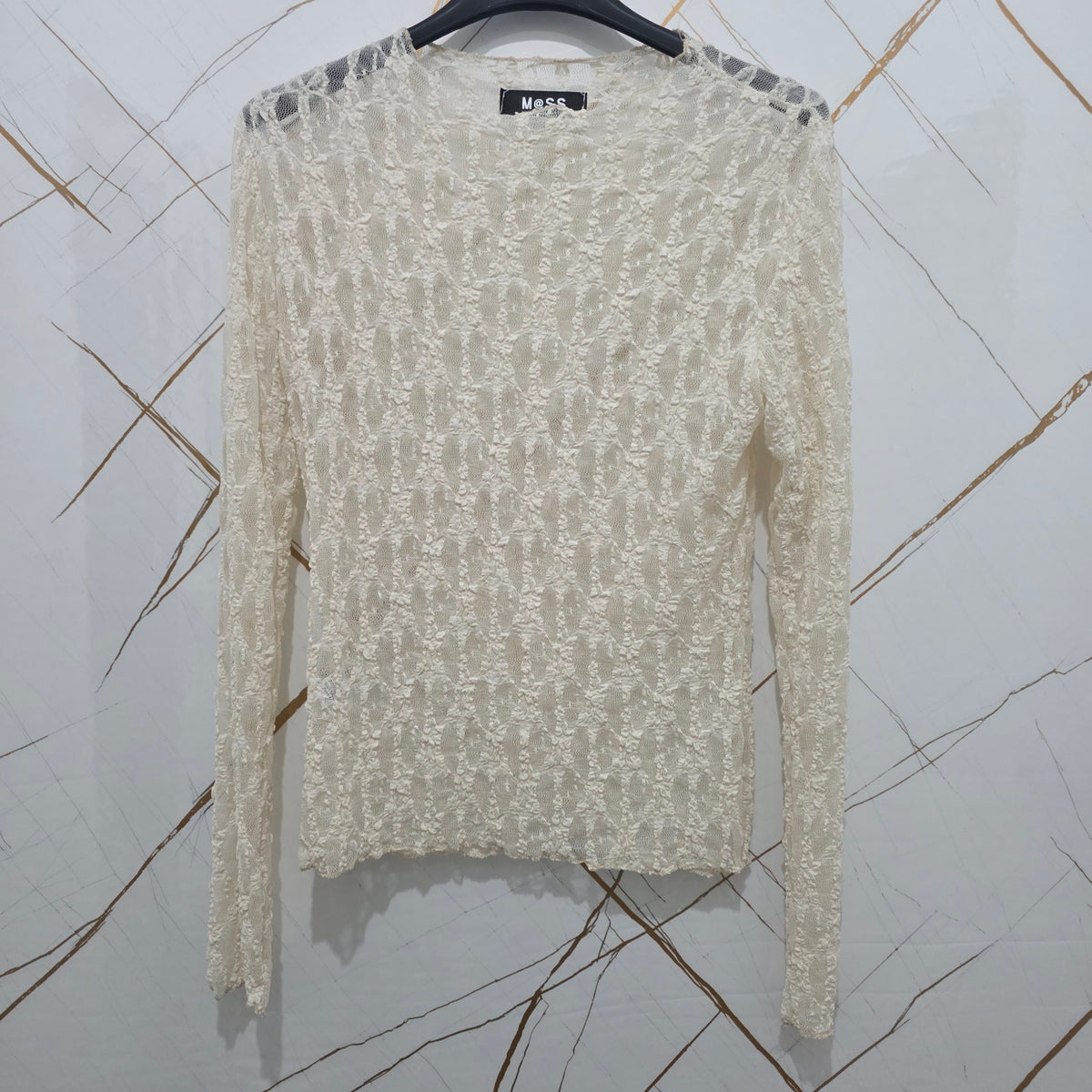 Maglia in Pizzo Blu Scuro con Maniche Lunghe per Donna Elegante