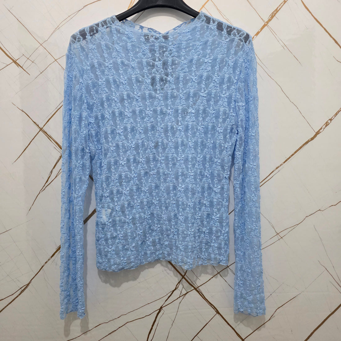 Maglia in Pizzo Blu Scuro con Maniche Lunghe per Donna Elegante