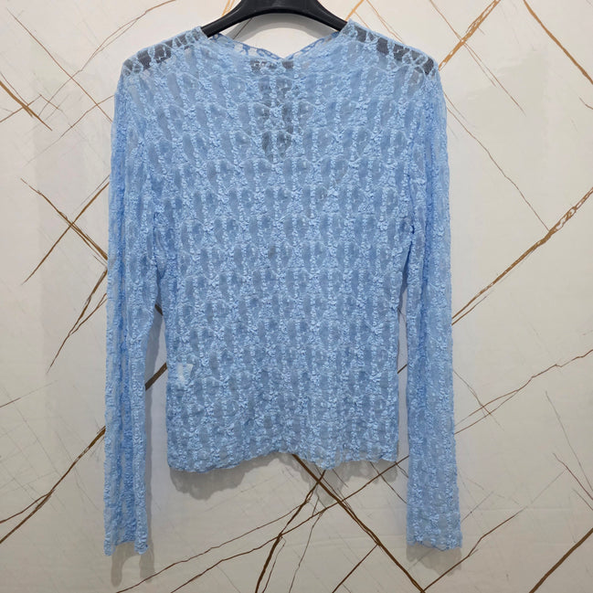 Maglia in Pizzo Blu Scuro con Maniche Lunghe per Donna Elegante