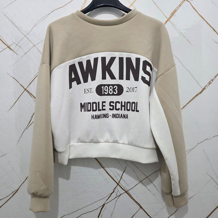 Hawkins Spirit Felpa Donna Awkins Middle School 1983-2017 Nero Bianco Stile Casual Comfortabile con Logo Vintage per Fan della Cultura Pop Design Unico Sportivo