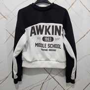 Hawkins Spirit Felpa Donna Awkins Middle School 1983-2017 Nero Bianco Stile Casual Comfortabile con Logo Vintage per Fan della Cultura Pop Design Unico Sportivo