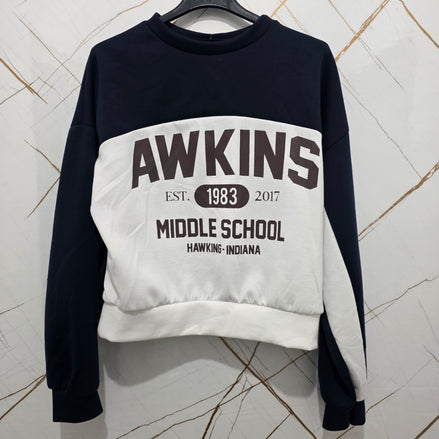 Hawkins Spirit Felpa Donna Awkins Middle School 1983-2017 Nero Bianco Stile Casual Comfortabile con Logo Vintage per Fan della Cultura Pop Design Unico Sportivo