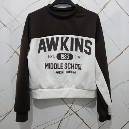 Hawkins Spirit Felpa Donna Awkins Middle School 1983-2017 Nero Bianco Stile Casual Comfortabile con Logo Vintage per Fan della Cultura Pop Design Unico Sportivo