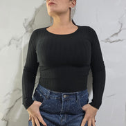 Maglia a Costina Nero con Maniche Lunghe e Design Elegante per Look Casual