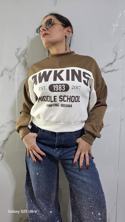 Hawkins Spirit Felpa Donna Awkins Middle School 1983-2017 Nero Bianco Stile Casual Comfortabile con Logo Vintage per Fan della Cultura Pop Design Unico Sportivo