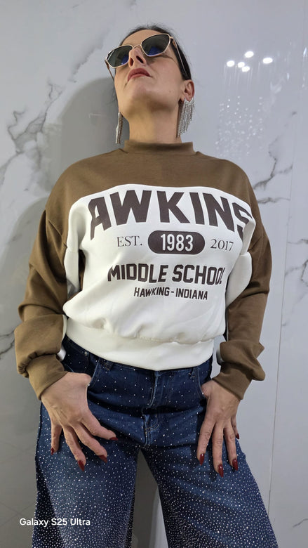 Hawkins Spirit Felpa Donna Awkins Middle School 1983-2017 Nero Bianco Stile Casual Comfortabile con Logo Vintage per Fan della Cultura Pop Design Unico Sportivo