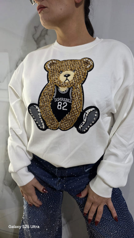 Felpa Donna con Orsacchiotto Comoda Bianca con Dettaglio Orso Decorativo e Numero 82