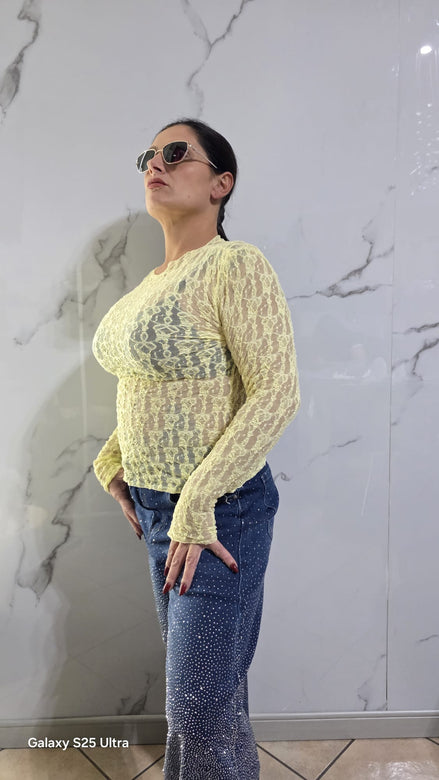 Maglia in Pizzo Blu Scuro con Maniche Lunghe per Donna Elegante