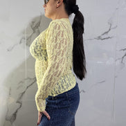 Maglia in Pizzo Blu Scuro con Maniche Lunghe per Donna Elegante