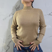 Maglione Donna in Tessuto a Coste Colore Beige con Maniche Lunghe e Collo Alto per un Look Elegante e Comfortevole