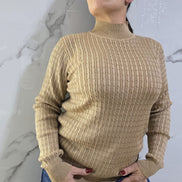 Maglione Donna in Tessuto a Coste Colore Beige con Maniche Lunghe e Collo Alto per un Look Elegante e Comfortevole